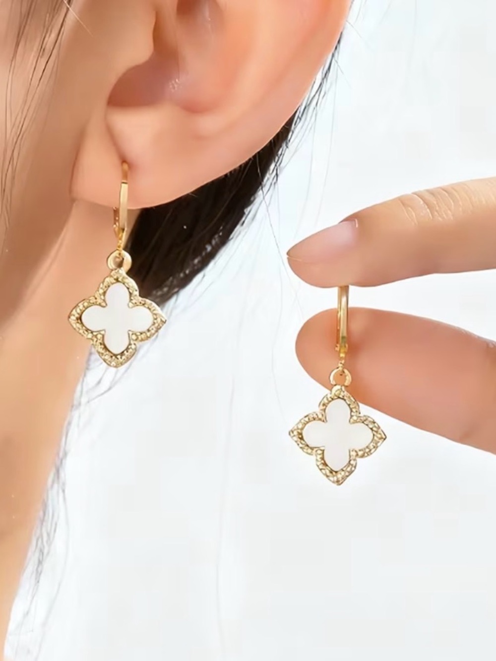 Gold and White Clover Dangle Earrings - Women Jewelry